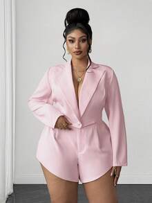 Maweii Plus Size Women's Pink Lapel Open Front Long Sleeve Short Blazer + Short Shorts Set, Pink Suit Set, Elegant, Fashion, Casual, Commute, Business Office, Daily Casual, Versatile Elegant, Urban Teacher Professional Outfit, Sexy Date, Party Wear - Pink - View 4