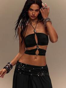 TypaGal Top corto sexy con diseño de recortes y cuello halter - Negro - Ver 4