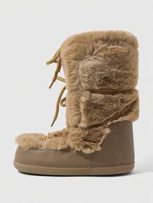 CUCCOO SZL Coffee Brown Full Plush Patchwork Mid-Calf Snow Boots For Women, Round Toe Thick Sole Flat Bottom Outdoor Winter Boots With Drawstring - Coffee Brown - View 4