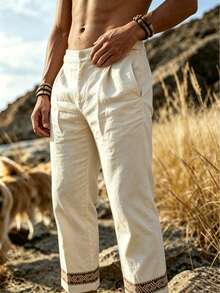 Manfinity Dauomo Men's Casual Tropical Vacation Pants With Woven Tape Decor Beach Vacation Brown Autumn - Beige - View 5