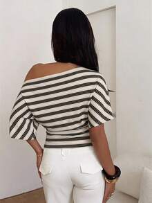 Aloruh Asymmetrical Shoulder Loose Top With Ruched Waist, Minimalist Basic T-Shirt - Apricot - View 2