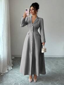 Elenzga 全新女式翻领长袖仿口袋前开 A 字长裙，休闲度假日常百搭青春优雅 - 黑與白 - 查看 7