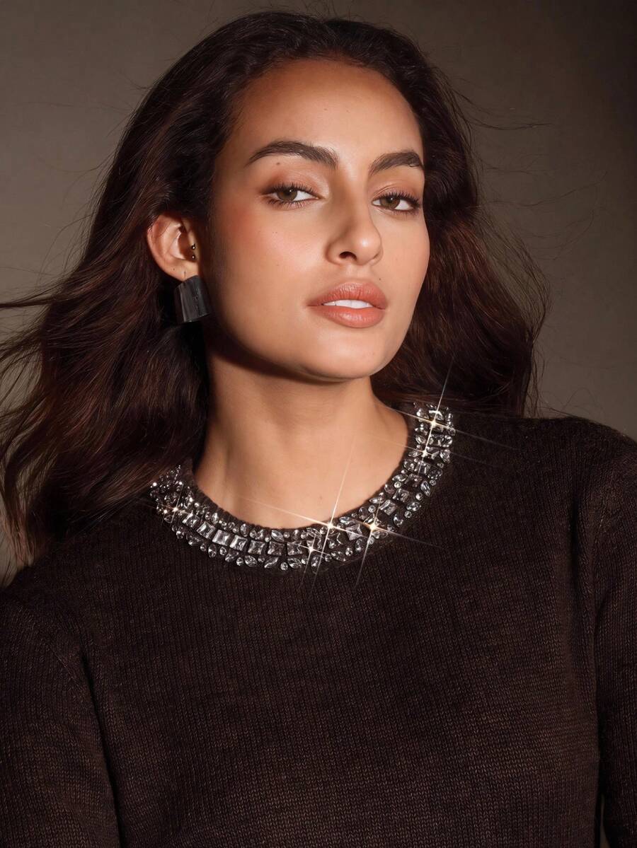 Anewsta Autumn/Winter Elegant Wool Blend Solid Color Fluffy Knit Pullover Sweater With Crystal Rhinestone Collar - Coffee Brown - View 1