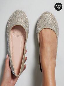 SHUZIA Women's Wide-Fit Comfortable Round Toe Rhinestone Flats Valentine's Day - Champagne - View 3