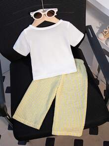 SHEIN 2pcs Infant Girl Summer White Short Sleeve T-Shirt & Apricot Striped Pants Set Cute Family Matching Minimalist Street Style Embroidered Outfits - Yellow - View 2