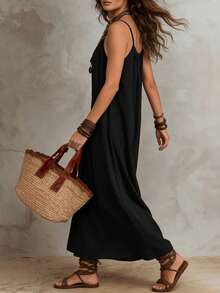 Solivie Women's Solid Color Pleated Casual Spaghetti Strap Dress For Vacation - Black - View 7