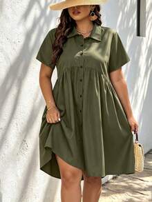 SHEIN LUNE Plus Button Front Smock Dress - Army Green - View 6