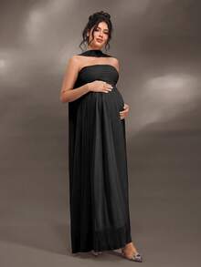 Cheriluna Maternity 聖誕派對洋裝/優雅派對洋裝/嬰兒洗禮派對洋裝 百褶細節 純色 露肩 優雅無袖 孕婦拍照洋裝 - 黑色 - 查看 4