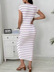 SHEIN Maternity Striped Round Neck Cap Sleeve Side Knot Fitted Dress - Mauve Purple - View 2