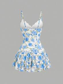 Sunnyshic Summer Vacation Mesh Printed Spaghetti Strap Dress, Sweet Girl Lace Patchwork, Suitable For Dating, Casual, Vacation And Various Occasions - Blue and White - View 4