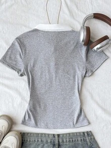 Teen Girl Teen Girls Knit Grey And White Colorblock Polo Collar Casual T-Shirt - Grey - View 2