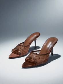 SHUZIA Women Elegant Pointy Toe Rhinestone Decor Mesh Slip-On Heel Sandals - Coffee Brown - View 2