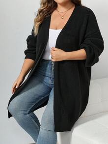 SHEIN CURVE+ Plus Size Women Solid Color All-Match Cardigan, Plus Size Black Mid-Length Cardigan, All-Match Versatile Sweater - Black - View 9