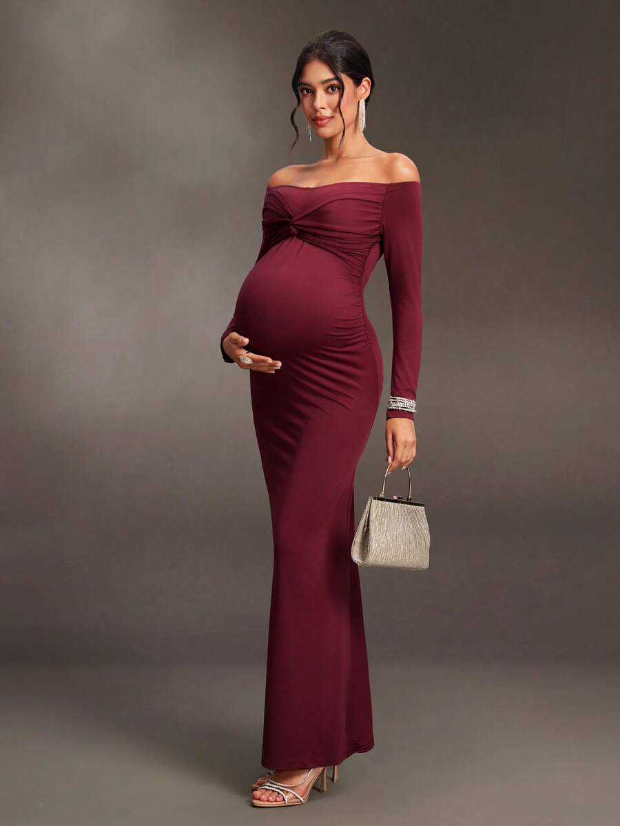Cheriluna Maternity Maternity Solid Color Off-Shoulder Casual Party & Travel Dress - Burgundy - View 1