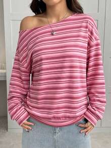 SHEIN EZwear 女款不對稱單肩寬鬆休閒極簡日常百搭派對聚會機場穿搭 Y2K 上衣，玫瑰粉條紋，女款夏季穿搭，戶外穿搭 - 彩色 - 查看 3