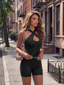 SHEIN Sports Criss-Cross Polka Dot Sports Jumpsuit - Black - View 5