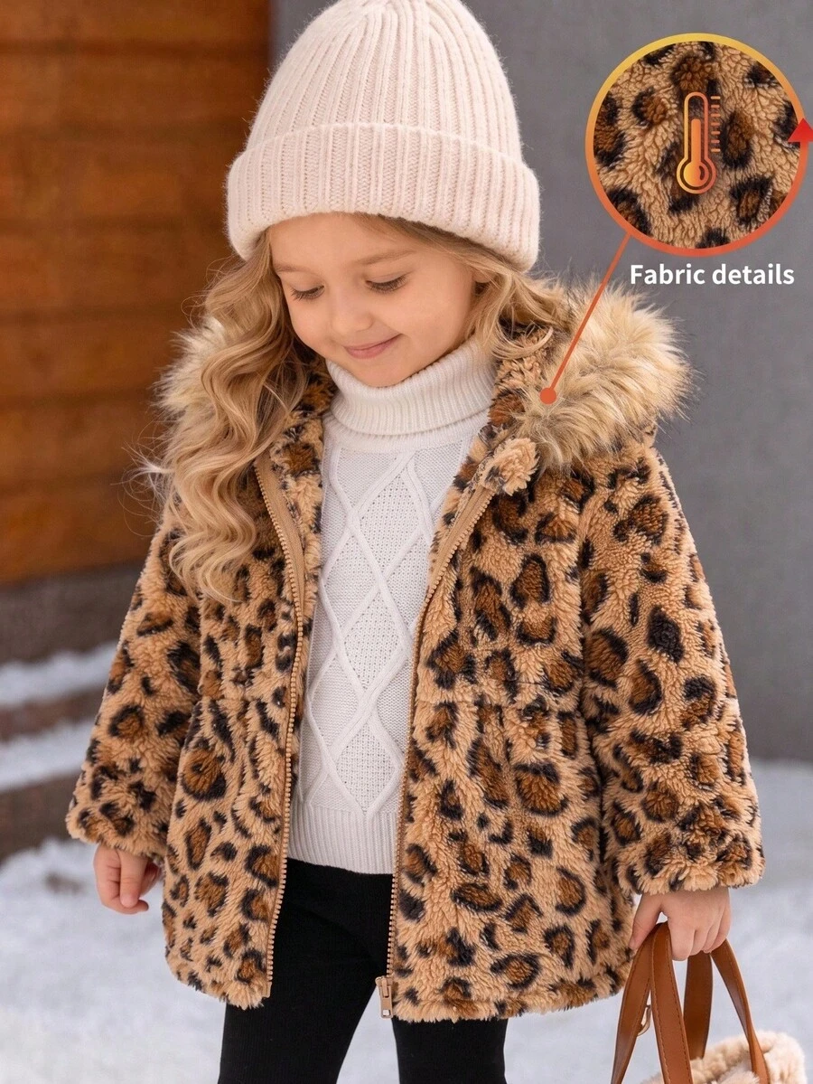 SHEIN Jaket Bulu Imitasi Berkerudung Motif Leopard Lucu untuk Bayi Perempuan Musim Gugur/Dingin - MultiWarna - View 1
