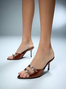 SHUZIA Women Elegant Pointy Toe Rhinestone Buckle Slip-On Heel Sandals - Coffee Brown - View 5