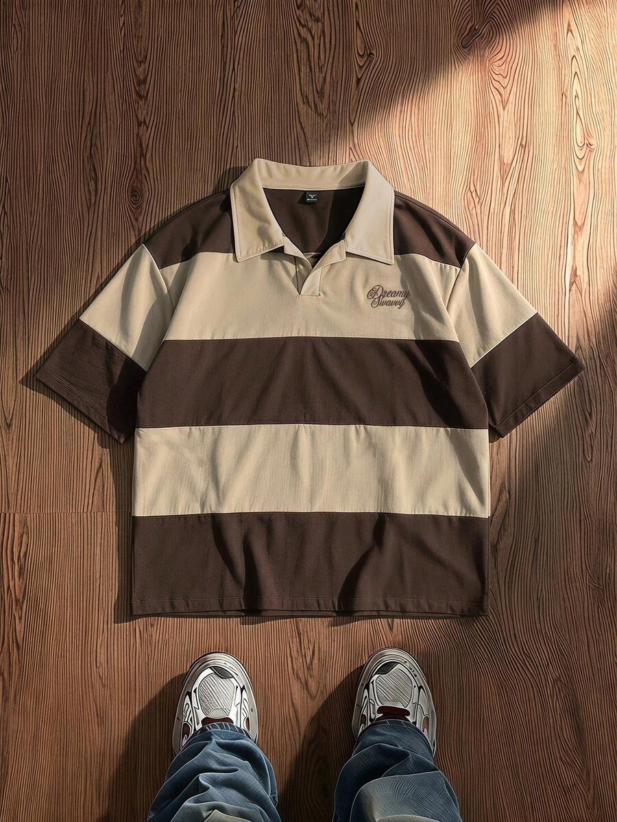 SWAVVY Kemeja Polo Lengan Pendek Ukuran Standar Kasual Musim Panas Pria, Kombinasi Warna Biru & Putih dengan Bordir - Khaki - View 1