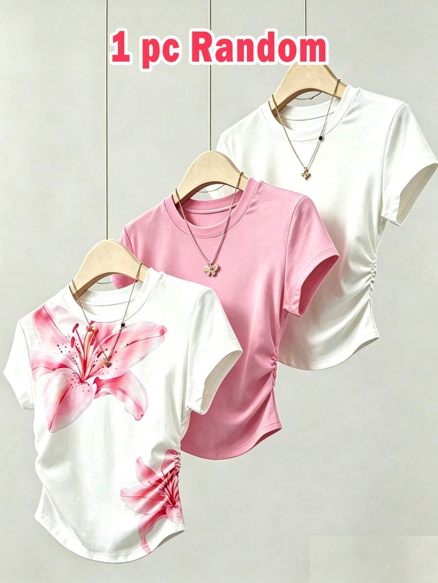 SHEIN 1件隨機青少年女孩收腰短袖T恤盲盒 3合1隨機發貨 粉色 大號 - 彩色 - 查看 1