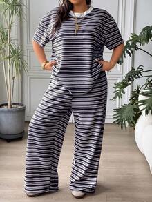 SHEIN EZwear 大尺碼女款條紋拼色短袖上衣與長褲休閒日常兩件套 - 藏蓝色 - 查看 4