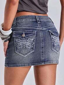 ACID BLVD Y2K Vintage Low-Waist Butterfly Embroidered Adjustable Contrast Color Denim Mini Skirt For Women - Blue - View 1