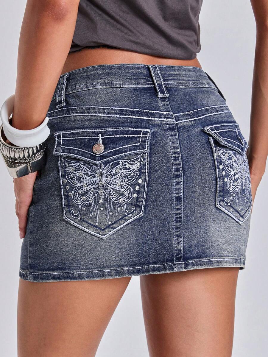 ACID BLVD Y2K Vintage Low-Waist Butterfly Embroidered Adjustable Contrast Color Denim Mini Skirt For Women - Blue - View 1