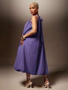 Vixey Solid Woven Bubble Hem Halter Neck Midi Dress - Purple - View 2