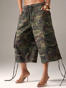 Denimoi Oversized Cargo Jorts Camo Jorts Fashion Bottoms Fashionable Streetwear Fall Fashion - Army Green - View 2