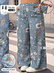 SHEIN CURVE+ Damen Große Größen Bedruckte Elastische Taille Weite Beine Lockere Lässige Hose Strandkleidung Herbst, Winter 2026 22W - Verschiedenfarbig - Übersicht 6