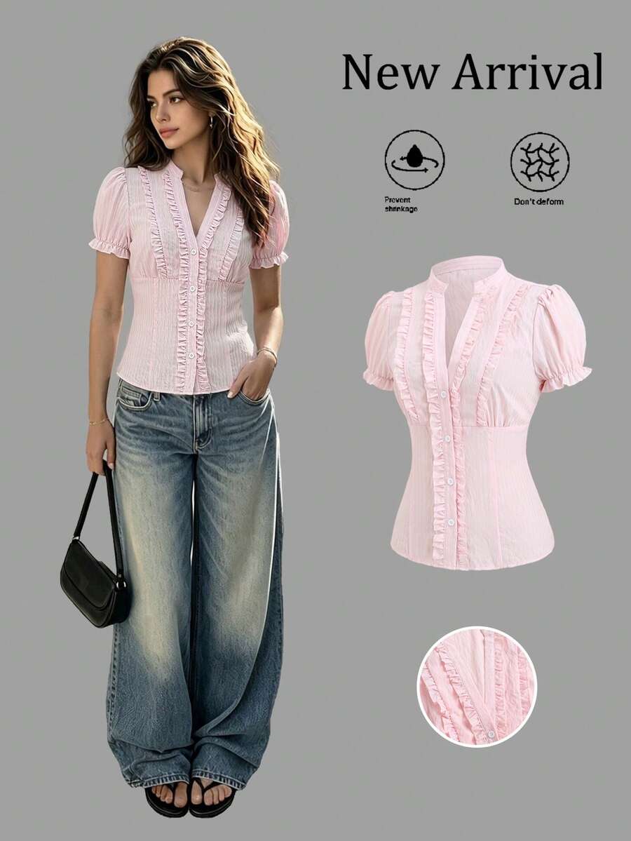 Sweetra French Romantic Elegant Girl Style Soft Light Pink Textured Ruffle Waist Blouse, V-Neck Puff Sleeve Design, Daily Fashion Brunch Tea Party Summer - Pink - View 1