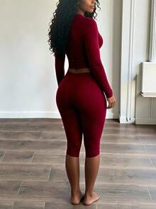 INAWLY Solva Setelan 2 Potong Wanita Lengan Panjang Warna Polos dan Legging Kasual untuk Sehari-hari - Burgundy - View 3