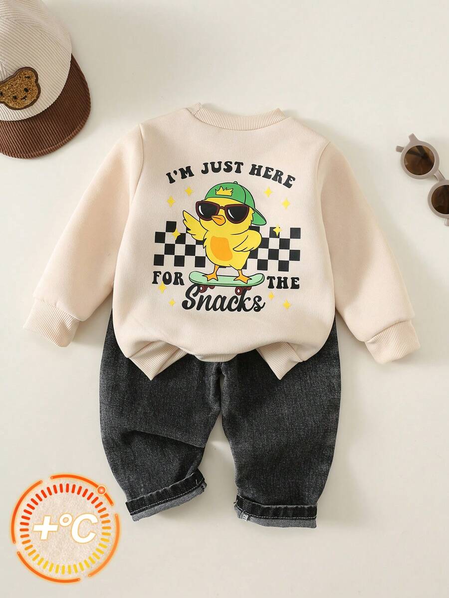 SHEIN 2pcs/Set Baby Boy Autumn/Winter Casual Cute Sweatshirt And Black Denim Jeans Outfit, Sweatshirt Set, Cute Outfit, Denim Set - Multicolor - View 1