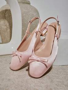 SHUZIA Women's Elegant Bow Knot Satin Slingback Low Heel Pumps Valentine's Day - Coral Pink - View 7