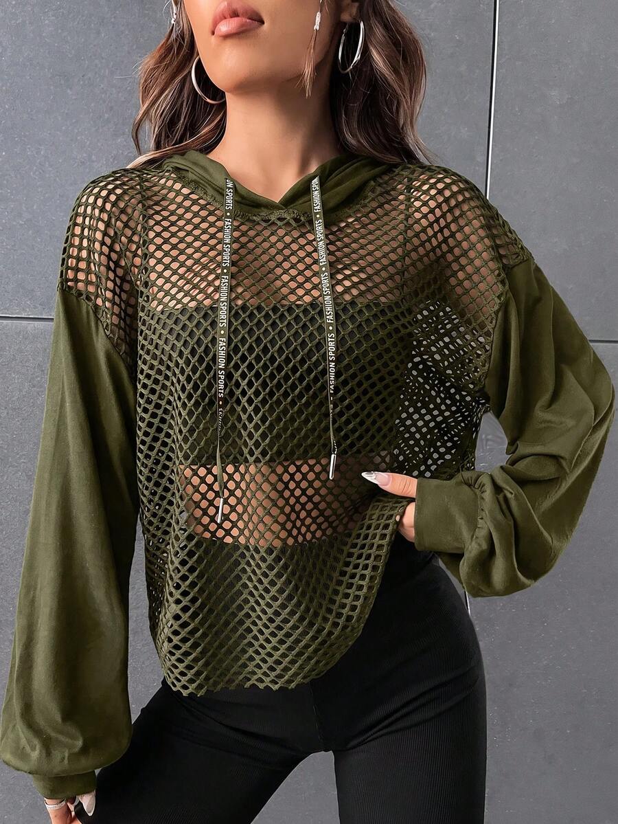 SHEIN EZwear 深綠色夏季健身房運動休閒風落肩抽繩網紗連帽衫,不含內搭背心,寬鬆低腰設計 - 軍綠色 - 查看 1