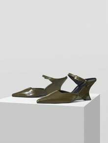 Mnmlis Spring And Summer Buckle Design Pointed Wedge Heel Retro Style First Layer Cowhide Olive Green Rear Empty High Heel Sandals Commuter Dating Fall Shoes - Green - View 2