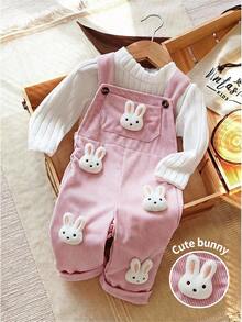 SHEIN Baby Girl Cute Rabbit Patch Pink Corduroy Jumpsuit - Pink - View 5