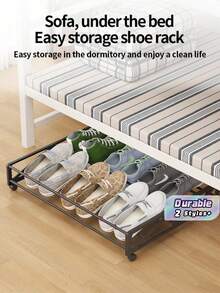 Steel Pipe With Wheel Bed Frame, Movable Shoe Rack, Bedside Storage, Corner Storage, Home Use, Entryway Sofa, Student Dormitory, Simple Shoe Rack. - Black - View 1