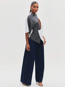 NYA SZN Top Short Sleeve Color Button Front Block Special Occasion Checkered Crossover School Office Work Wear Birthday Party Going Out Black White - Black and White - View 3