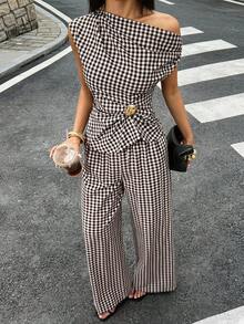 SHEIN PETITE 女款棕色格紋露肩兩件式套裝，附金屬裝飾，適合辦公穿著 - 棕色 - 查看 9