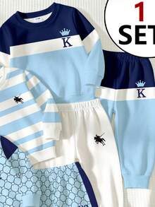 SHEIN 1 Random Set,,Blue Color Block Graphic Print Crew Neck Long Sleeve Sweatshirt With Logo Print Long Sweatpants - Multicolor - View 6