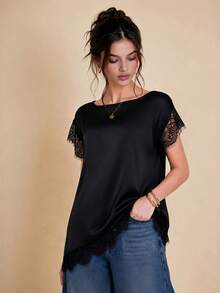 Selenza Damen Satin Design Spitze Besatz Pullover Asymmetrisch Kurzarm Asymmetrische Spitze Patchwork Lässig Minimalistisch Locker Pendeln Schwarz Hemd T-Shirt Sommer Neu - Schwarz - Übersicht 6
