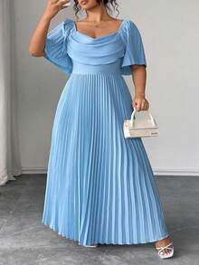 SHEIN CURVE+ Plus Size Blue Ruffled Petal Sleeve Pleated Hem Midi Dress, Suitable For Spring, Summer, Autumn - Blue - View 4