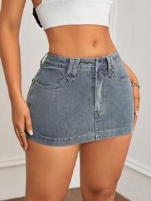 SHEIN ICON Slim Fit Mini Denim Skirt, Washed - Medium Wash - View 6