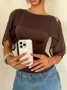 Siren Gaze Women's Bohemian Style Chiffon Knit Blend Cold Shoulder Shawl Top,Summer Top - Brown - View 5