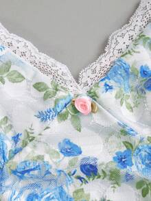 Sunnyshic Summer Vacation Mesh Printed Spaghetti Strap Dress, Sweet Girl Lace Patchwork, Suitable For Dating, Casual, Vacation And Various Occasions - Blue and White - View 5