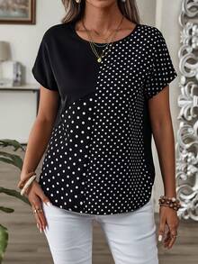Rusticease Women's Polka Dot Print Round Neck Loose Casual Shirt, Short Sleeve,Short Sleeve Tops - Black and White - View 4