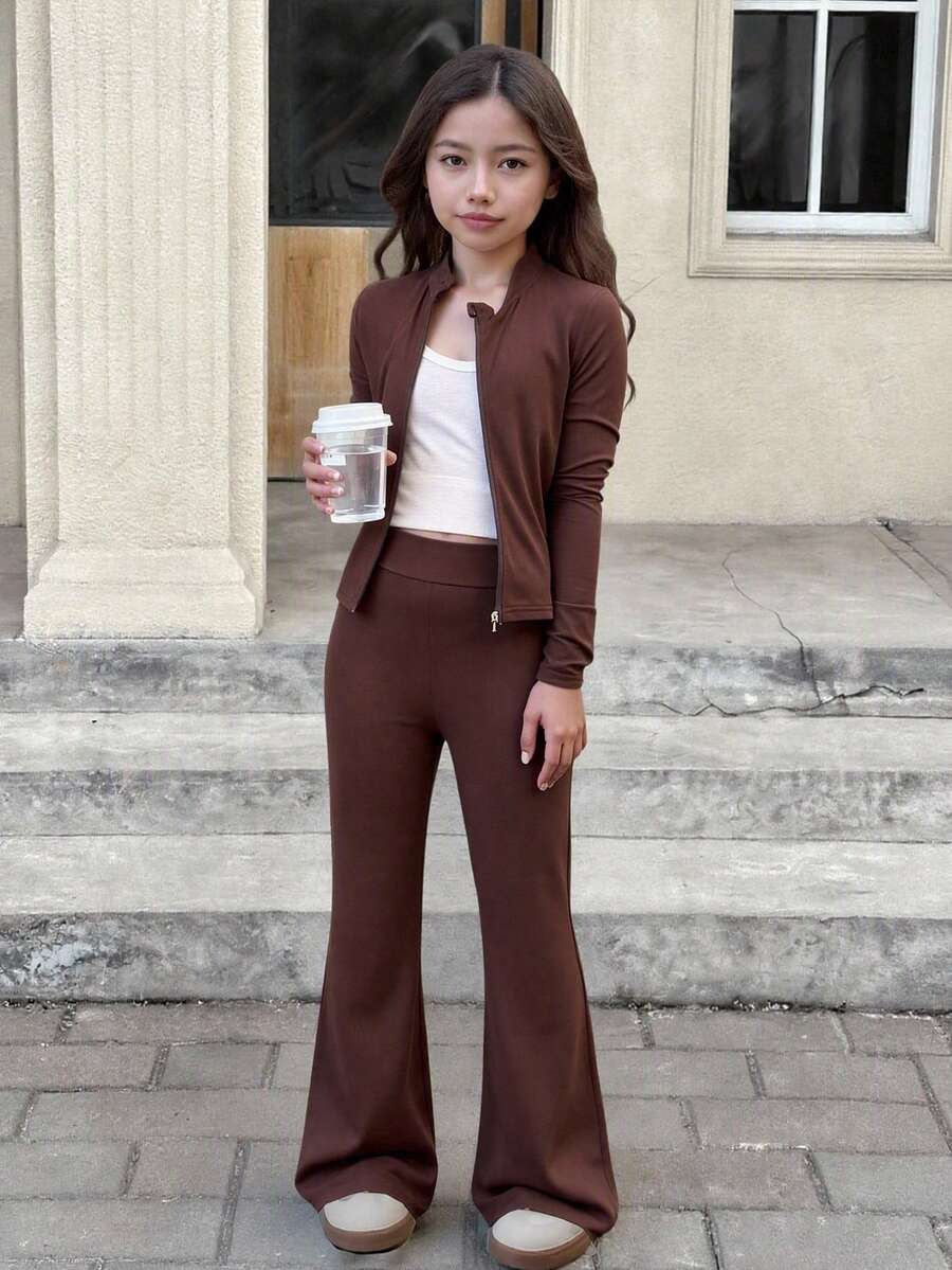 SHEIN 青少年女孩休闲纯咖啡棕色长袖上衣和喇叭裤两件套,适合秋冬季日常穿着 - 咖啡棕 - 查看 1