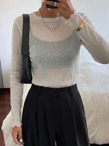 FRIFUL Women's Mesh Turtleneck Sheer Top, Layering Piece For Autumn - White - View 3
