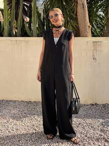 FRIFUL Women's Solid Color Deep V-Neck Shoulder Patchwork Sheer Mesh Straight Leg Loose Casual Versatile Spring Outfit Jumpsuit - Black - View 4